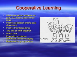 Cooperative Learning
 When one person achieves his
  goal, ALL others achieve their
  goals
 Positive correlation among goal
  attainments
 Positive Interdependence
 “We sink or swim together.”
 Group Goal
 Evaluation is criterion
  referenced and encouraging.
 Rewarded for group product.
 