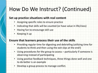 How Do We Instruct? (Continued)
Set up practice situations with real content
• Assigning specific roles to ensure practice
• Indicating that skills will be counted (or have value in life/class)
• Having fun to encourage skill use
• Keeping it up
Ensure that learners process their use of the skills
• Providing regular time for digesting and debriefing (utilizing time for
students to think and then using the exit slips at the end!)
• Using procedures for the group to assess – particularly if someone is
observing instead of participating
• Using positive feedback techniques, three things done well and one
to do better is an example
• Develop a group process to manage conflict.
 