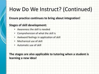 How Do We Instruct? (Continued)
Ensure practice continues to bring about integration!
Stages of skill development:
• Awareness the skill is needed
• Comprehension of what the skill is
• Awkward feelings in application of skill
• Mechanical use of skill
• Automatic use of skill
The stages are also applicable to tutoring when a student is
learning a new idea!
 