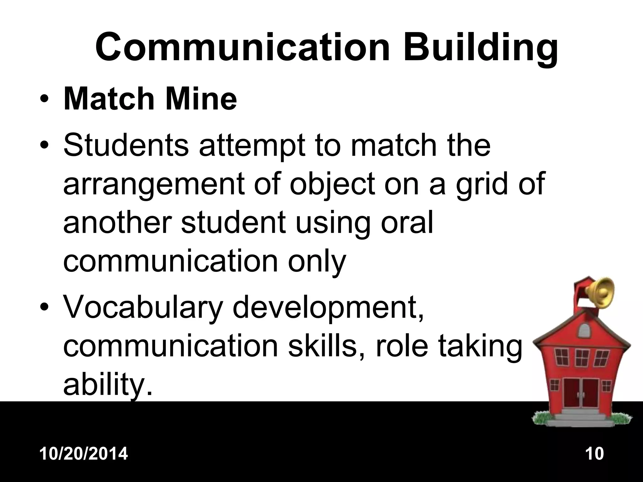 Communication Building 
• Match Mine 
• Students attempt to match the 
arrangement of object on a grid of 
another student using oral 
communication only 
• Vocabulary development, 
communication skills, role taking 
ability. 
10/20/2014 10 
 