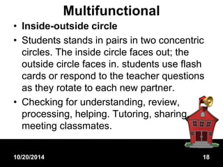 Multifunctional 
• Inside-outside circle 
• Students stands in pairs in two concentric 
circles. The inside circle faces out; the 
outside circle faces in. students use flash 
cards or respond to the teacher questions 
as they rotate to each new partner. 
• Checking for understanding, review, 
processing, helping. Tutoring, sharing, 
meeting classmates. 
10/20/2014 18 
 