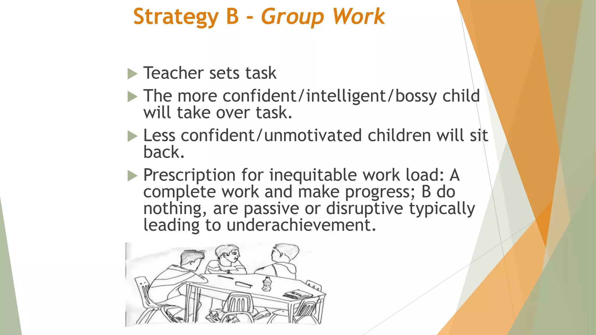 Strategy B - Group Work
 Teacher sets task
 The more confident/intelligent/bossy child
will take over task.
 Less confident/unmotivated children will sit
back.
 Prescription for inequitable work load: A
complete work and make progress; B do
nothing, are passive or disruptive typically
leading to underachievement.
 