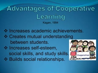 Managing group size Cooperative learning    works best when group    size is smaller.  Classroom has about 15    to 20 students. Students are usually    grouped in clusters of 3     to 5. 