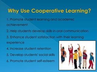 Why Use Cooperative Learning?1. Promote student learning and academic achievement 2. Help students develop skills in oral communication 3. Enhance student satisfaction with their learning experience 4. Increase student retention 5. Develop students' social skills 6. Promote student self-esteem