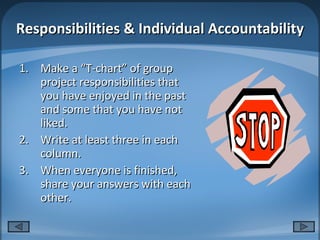 Responsibilities & Individual Accountability Make a “T-chart” of group project responsibilities that you have enjoyed in the past and some that you have not liked.  Write at least three in each column. When everyone is finished, share your answers with each other. 