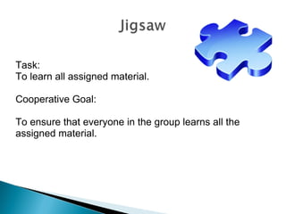 Task:  To learn all assigned material. Cooperative Goal:  To ensure that everyone in the group learns all the assigned material. 