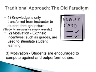 1) Knowledge is only transferred from instructor to student through lecture. (Students are passive empty vessels.)   2) Motivation - Extrinsic incentives, such as grades, are used to stimulate student learning. 3) Motivation - Students are encouraged to compete against and outperform others. 