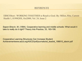 REFERENCES
EBSCOhost : WORKING TOGETHER to Reach a Goal. By: Milios, Rita, Current
Health 1, 0199820X, Oct2000, Vol. 24, Issue 2
Sapon-Shevin, M. (1994). Cooperative learning and middle schools: What would it
take to really do it right? Theory Into Practice, 33, 183-190.
Cooperative Learning Structures Can Increase Student
Achievementwww.ascd.org/ASCD/pdf/journals/ed_lead/el_198810_slavin.pdf
 