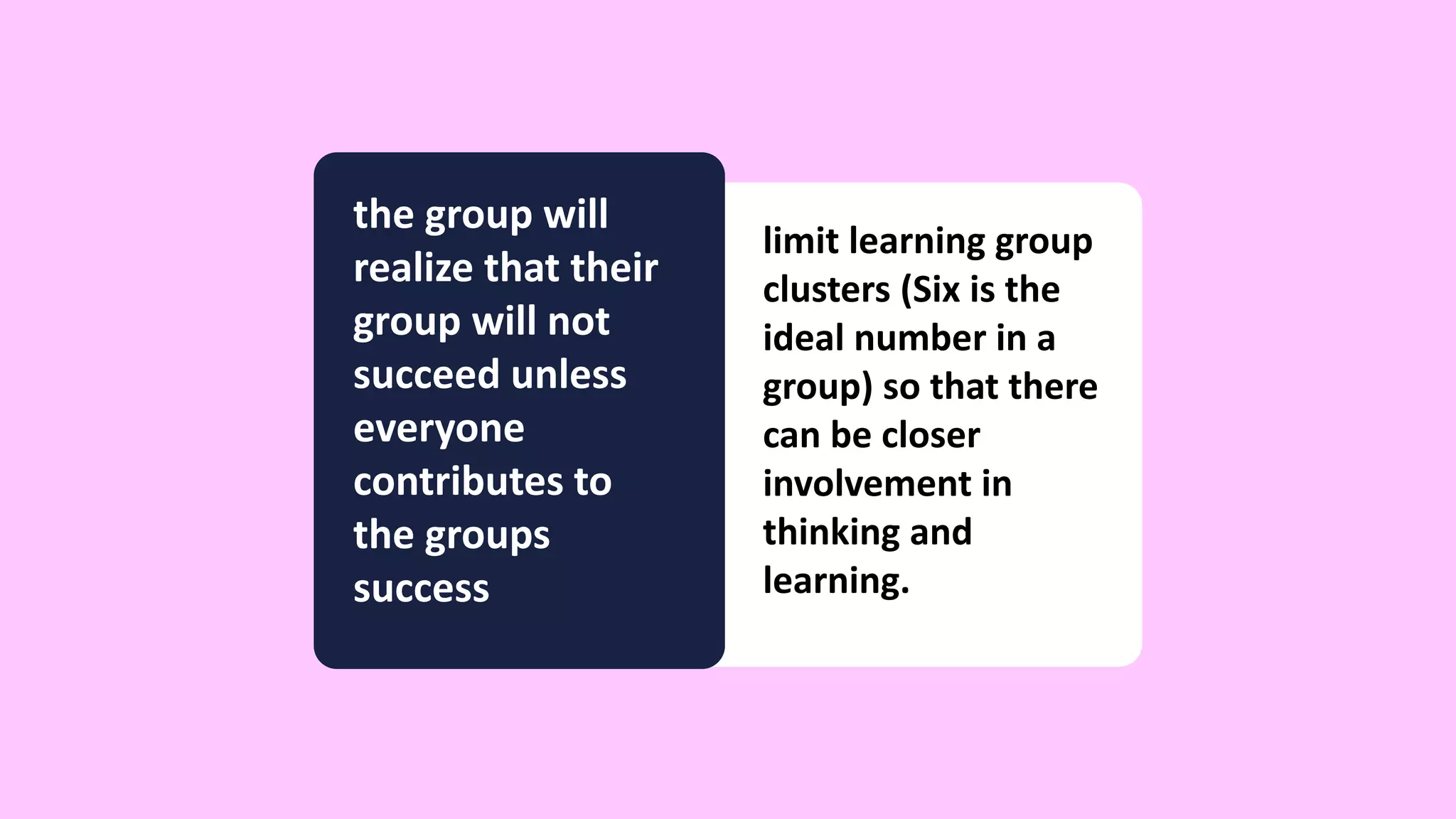 the group will
realize that their
group will not
succeed unless
everyone
contributes to
the groups
success
limit learning group
clusters (Six is the
ideal number in a
group) so that there
can be closer
involvement in
thinking and
learning.
 