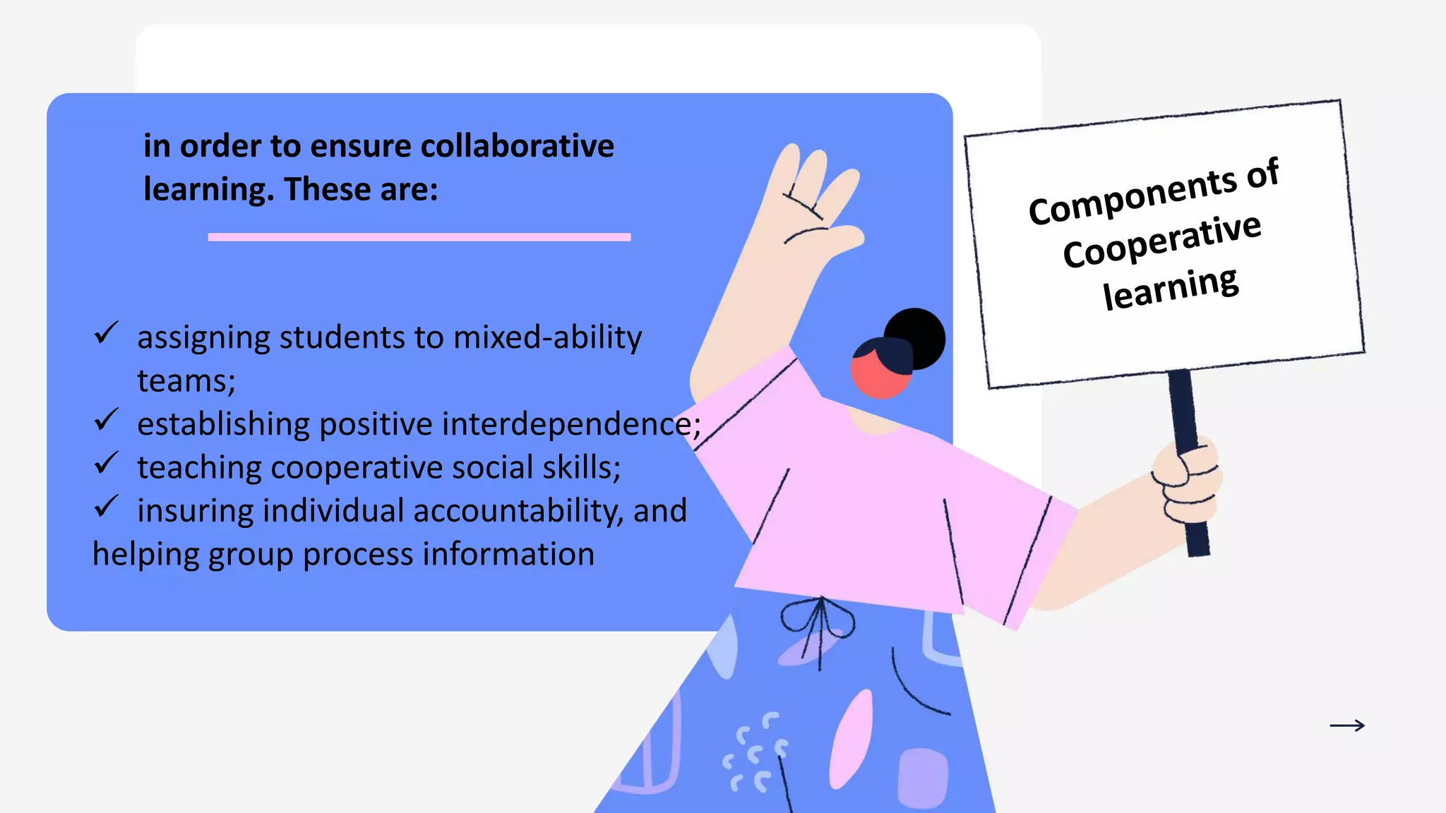 in order to ensure collaborative
learning. These are:
 assigning students to mixed-ability
teams;
 establishing positive interdependence;
 teaching cooperative social skills;
 insuring individual accountability, and
helping group process information
 