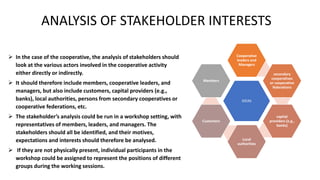 ANALYSIS OF STAKEHOLDER INTERESTS
 In the case of the cooperative, the analysis of stakeholders should
look at the various actors involved in the cooperative activity
either directly or indirectly.
 It should therefore include members, cooperative leaders, and
managers, but also include customers, capital providers (e.g.,
banks), local authorities, persons from secondary cooperatives or
cooperative federations, etc.
 The stakeholder’s analysis could be run in a workshop setting, with
representatives of members, leaders, and managers. The
stakeholders should all be identified, and their motives,
expectations and interests should therefore be analysed.
 If they are not physically present, individual participants in the
workshop could be assigned to represent the positions of different
groups during the working sessions.
IDEAS
Cooperative
leaders and
Managers
secondary
cooperatives
or cooperative
federations
capital
providers (e.g.,
banks)
Local
authorities
Customers
Members
 