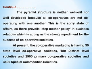 Continue……………….
The pyramid structure is neither well-knit nor
well developed because all co-operatives are not co-
operating with one another. This is the sorry state of
affairs, as there prevails „step mother policy‟ in business
relations which is acting as the strong impediment for the
success of co-operative societies.
At present, the co-operative marketing is having 30
state level co-operative societies, 180 District level
societies and 2900 primary co-operative societies and
3490 Special Commodities Societies.
 