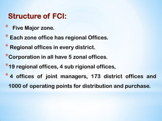 Structure of FCI:
* Five Major zone.
* Each zone office has regional Offices.
* Regional offices in every district.
*Corporation in all have 5 zonal offices.
*19 regional offices, 4 sub rigional offices,
* 4 offices of joint managers, 173 district offices and
1000 of operating points for distribution and purchase.
 