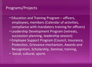• Education and Training Program – officers,
employees, members (Calendar of activities,
compliance with mandatory training for officers)
• Leadership Development Program (retreats,
succession planning, leadership session)
• Employee Support Program (Council, Insurance,
Protection, Grievance mechanism, Awards and
Recognition, Scholarship, Seminar, training,
• Social, cultural, sports
Programs/Projects
 
