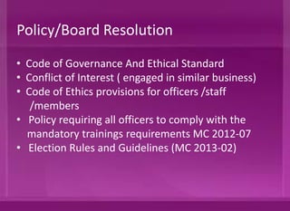 • Code of Governance and Ethical Standard
• Conflict of Interest (engaged in similar business)
• Code of Ethics provisions for officers /staff
/members
• Policy requiring all officers to comply with the
mandatory trainings requirements (MC 2012-07)
• Election Rules and Guidelines (MC 2013-02)
Policy/Board Resolution
 