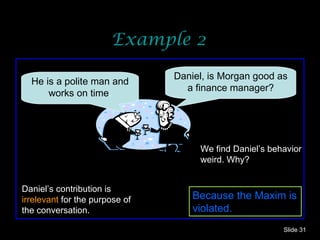 Example 2 Slide  Daniel, is Morgan good as a finance manager? He is a polite man and works on time . We find Daniel’s behavior weird. Why? Because the Maxim is violated. Daniel’s contribution is  irrelevant  for the purpose of the conversation. 