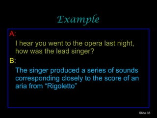 Example A: I hear you went to the opera last night, how was the lead singer? B : The singer produced a series of sounds corresponding closely to the score of an aria from “Rigoletto” Slide  
