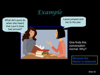 Example Slide  One finds this conversation normal. Why? Because the Maxim is observed Laura jumped and ran to the pier. What did Laura do when she heard that Lauri’s boat had arrived? 