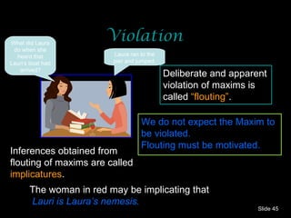 Violation Slide  What did Laura do when she heard that Lauri’s boat had arrived? Laura ran to the pier and jumped. Deliberate and apparent violation of maxims is called  “flouting” . We do not expect the Maxim to be violated. Flouting must be motivated. Inferences obtained from flouting of maxims are called  implicatures . The woman in red may be implicating that Lauri is Laura’s nemesis. 