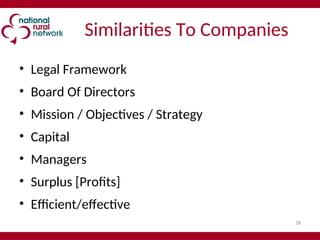 18
Similarities To Companies
• Legal Framework
• Board Of Directors
• Mission / Objectives / Strategy
• Capital
• Managers
• Surplus [Profits]
• Efficient/effective
 