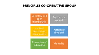 PRINCIPLES CO-OPERATIVE GROUP
Voluntary and
open
membership
Democratic
control
Limited
interest on
share capital
Patronage
dividend
Promotion of
education
Mutuality
 