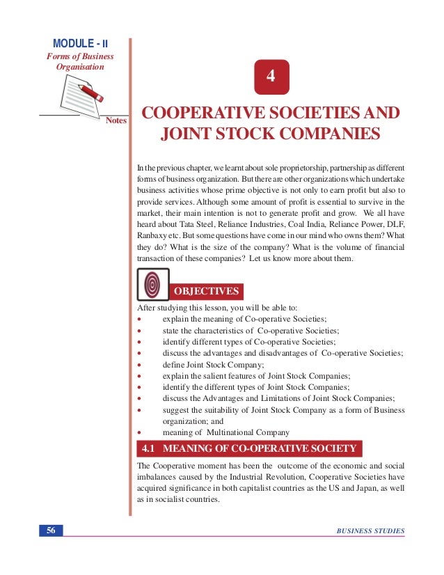 Cooperative societies and joint stock companies