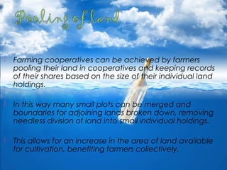  Farming cooperatives can be achieved by farmers
pooling their land in cooperatives and keeping records
of their shares based on the size of their individual land
holdings.
 In this way many small plots can be merged and
boundaries for adjoining lands broken down, removing
needless division of land into small individual holdings.
 This allows for an increase in the area of land available
for cultivation, benefiting farmers collectively.
 