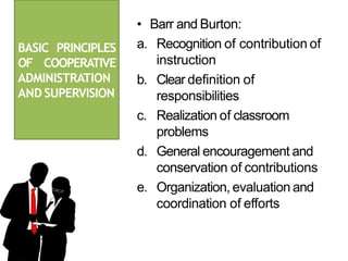 • Barr and Burton:
a. Recognition of contribution of
instruction
b. Clear definition of
responsibilities
c. Realization of classroom
problems
d. General encouragement and
conservation of contributions
e. Organization, evaluation and
coordination of efforts
BASIC PRINCIPLES
OF COOPERATIVE
ADMINISTRATION
AND SUPERVISION
 