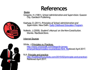 ReferencesBooks
Gregorio, H.(1961). School Administration and Supervision. Quezon
City. Garotech Publishing.
Kashyap,D.(2011). Principles of School Administration and
Supervision. New Delhi. Early Childhood Education Program.
Nolledo, J.(2008). Student’s Manual on the NewConstitution.
Manila. RexBookStore.
Internet Sources
White, J.Principles vs.Practices.
http://www.crosswalk.com/blogs/dr-james-
emerywhite/principles-vs-practices.html. Retrieved April 2017.
N.A. Principle and practice.
http://livelifewithyourkids.com/2015/02/principle-and-practice/.
Retrieved April 2017.
 