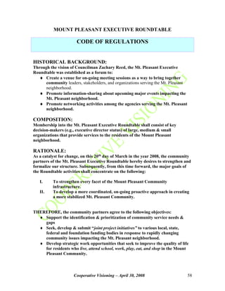 Cooperative Visioning – April 30, 2008 58
MOUNT PLEASANT EXECUTIVE ROUNDTABLE
CODE OF REGULATIONS
HISTORICAL BACKGROUND:
T...