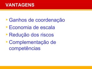 VANTAGENS Ganhos de coordenação Economia de escala  Redução dos riscos  Complementação de competências  