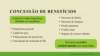 CONCESSÃO DE BENEFÍCIOS
 Empréstimo pessoal;
 Capital de giro;
 Financiamento de automóvel;
 Antecipação de restituição de IR;
 Desconto de títulos;
 Desconto de cheques;
 Prestar garantias;
 Crédito rural;
 Repasse de recursos obtidos.
Linhas de Crédito Específicas,
definidas em assembleia.
Serviços prestados
exclusivamente aos associados
C o o p e r a t i v i s m o d e C r é d i t o 1 3
 