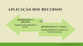 APLICAÇÃO DOS RECURSOS
DEPÓSITOS A
PRAZO:
Fundos de investimentos e
R.D.C. DEPÓSITOS À VISTA:
Receita financeira ou sobras ao
final do exercício
C o o p e r a t i v i s m o d e C r é d i t o 1 4
 