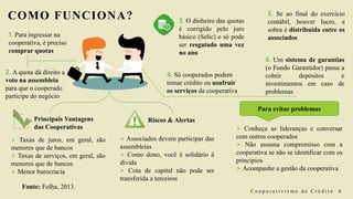 COMO FUNCIONA?
C o o p e r a t i v i s m o d e C r é d i t o 6
Principais Vantagens
das Cooperativas
Riscos & Alertas
1. Para ingressar na
cooperativa, é preciso
comprar quotas
2. A quota dá direito a
voto na assembleia
para que o cooperado
participe do negócio
3. O dinheiro das quotas
é corrigido pelo juro
básico (Selic) e só pode
ser resgatado uma vez
no ano
4. Só cooperados podem
tomar crédito ou usufruir
os serviços da cooperativa
5. Se ao final do exercício
contábil, houver lucro, a
sobra é distribuída entre os
associados
6. Um sistema de garantias
(o Fundo Garantidor) passa a
cobrir depósitos e
investimentos em caso de
problemas
> Taxas de juros, em geral, são
menores que de bancos
> Taxas de serviços, em geral, são
menores que de bancos
> Menor burocracia
> Associados devem participar das
assembleias
> Como dono, você é solidário à
dívida
> Cota de capital não pode ser
transferida a terceiros
> Conheça as lideranças e conversar
com outros cooperados
> Não assuma compromisso com a
cooperativa se não se identificar com os
princípios
> Acompanhe a gestão da cooperativa
Para evitar problemas
Fonte: Folha, 2013.
 