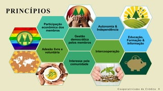 PRINCÍPIOS
Adesão livre e
voluntária
Gestão
democrática
pelos membros
Participação
econômica dos
membros
Autonomia &
Independência
Educação,
Formação &
Informação
Intercooperação
Interesse pela
comunidade
C o o p e r a t i v i s m o d e C r é d i t o 8
 
