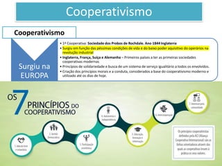 Cooperativismo
Cooperativismo
Surgiu na
EUROPA
• 1ª Cooperativa: Sociedade dos Probos de Rochdale. Ano 1844 Inglaterra
• Surgiu em função das péssimas condições de vida e do baixo poder aquisitivo do operários na
revolução industrial
• Inglaterra, França, Suíça e Alemanha – Primeiros países a ter as primeiras sociedades
cooperativas modernas
• Princípios de solidariedade e busca de um sistema de serviço igualitário a todos os envolvidos.
• Criação dos princípios morais e a conduta, considerados a base do cooperativismo moderno e
utilizado até os dias de hoje.
 