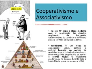 Cooperativismo e
Associativismo
• No sec XV inicia a idade moderna
com o crescimento das cidades,
surgimento da burguesia,
fortalecimento do comércio e o dinheiro
passa a ter mais valor, que as terras.
• Feudalismo foi um modo de
organização social, político e
cultural baseado no regime de
servidão, onde o trabalhador rural era o
servo do grande proprietário de terras,
o senhor feudal. O feudalismo
predominou na Europa durante toda a
Idade Média (entre os séculos V e XV).
Capitalismo
 