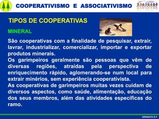 COOPERATIVISMO E ASSOCIATIVISMO
GRANATO E.F.
MINERAL
São cooperativas com a finalidade de pesquisar, extrair,
lavrar, industrializar, comercializar, importar e exportar
produtos minerais.
Os garimpeiros geralmente são pessoas que vêm de
diversas regiões, atraídas pela perspectiva de
enriquecimento rápido, aglomerando-se num local para
extrair minérios, sem experiência cooperativista.
As cooperativas de garimpeiros muitas vezes cuidam de
diversos aspectos, como saúde, alimentação, educação
dos seus membros, além das atividades específicas do
ramo.
TIPOS DE COOPERATIVAS
 