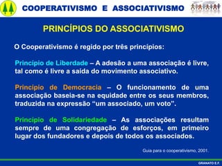 COOPERATIVISMO E ASSOCIATIVISMO
GRANATO E.F.
PRINCÍPIOS DO ASSOCIATIVISMO
O Cooperativismo é regido por três princípios:
Princípio de Liberdade – A adesão a uma associação é livre,
tal como é livre a saída do movimento associativo.
Princípio de Democracia – O funcionamento de uma
associação baseia-se na equidade entre os seus membros,
traduzida na expressão “um associado, um voto”.
Princípio de Solidariedade – As associações resultam
sempre de uma congregação de esforços, em primeiro
lugar dos fundadores e depois de todos os associados.
Guia para o cooperativismo, 2001.
 
