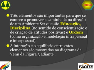 SHENG
Três elementos são importantes para que se
comece a promover a caminhada na direção
de um Ambiente Ser que são Educação,
Disciplina (no sentido de conscientização e
de criação de atitudes positivas) e Ordem
(como organização e modelação intrapessoal
e interpessoal).
A interação e o equilíbrio entre estes
elementos são mostrados no diagrama de
Venn da Figura 3 adiante.
 