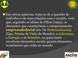 SHENG
Em outras palavras, trata-se de a questão do
indivíduo e de suas relações com o mundo, visto
que, seguindo as ideias de Filion (1993), os
elementos que caracterizam o comportamento
empreendedorial são: Os Weltanschauung
(Ego, Prisma de Visão do Mundo); a Liderança;
a Energia; e as Relações, os quais tanto
envolvem elementos sociais quanto elementos
econômicos que estão no mundo.
 