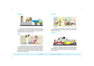 COOPERATIVISMO – Primeiras Lições 39
38 OCB/Sescoop
Trabalho
Composto por cooperativas de trabalhadores de qualquer
categoria profissional, para prestar serviços, organizados num
empreendimento próprio.
Transporte
Composto por cooperativas que atuam no transporte de cargas
e de passageiros, foi criado pela AGO da OCB no dia 30 de abril de
2002. É um ramo recente e muito dinâmico, com boas perspectivas
de crescimento.
Produção
Composto por cooperativas dedicadas à produção de um ou
mais tipos de bens e mercadorias, sendo os meios de produção
propriedade coletiva, mediante a cooperativa como pessoa jurídica,
e não propriedade individual do associado.
Saúde
Composto por cooperativas que se dedicam à preservação e
recuperação da saúde humana. O Ramo de Saúde está subdividido
nos seguintes setores: Médicos, Psicólogos, Odontólogos e serviços
afins, bem como usuários desses serviços. Esse ramo surgiu no
Brasil, na Cidade de Santos (SP), no dia 18 de dezembro de 1967 e
se estendeu a outros países.
 