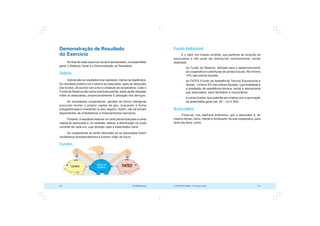 COOPERATIVISMO – Primeiras Lições 67
66 OCB/Sescoop
Demonstração de Resultado
do Exercício
No final de cada exercício social é apresentado, na assembléia
geral, o Balanço Geral e a Demonstração do Resultado.
Sobras
Sobras são os resultados dos ingressos, menos os dispêndios.
Do resultado positivo há o retorno ao associado, após as deduções
dos fundos, de acordo com a lei e o estatuto da cooperativa. Caso o
Fundo de Reserva não cubra eventuais perdas, estas serão rateadas
entre os associados, proporcionalmente à utilização dos serviços.
As sociedades cooperativas, geridas de forma inteligente
procuram formar o próprio capital de giro, buscando a forma
autogestionada e investindo no seu negócio. Assim, não se tornam
dependentes de empréstimos e financiamentos bancários.
Portanto, é saudável reservar um certo percentual para a conta
capital do associado e, do restante, efetuar a distribuição na conta
corrente de cada um, cuja decisão cabe à Assembléia Geral.
As cooperativas só serão eficientes se os associados forem
verdadeiros empreendedores e tiverem visão de futuro.
Fundos
Fundo Indivisível
É o valor, em moeda corrente, que pertence ao conjunto de
associados e não pode ser distribuído nominalmente, sendo
destinado:
 Ao Fundo de Reserva, utilizado para o desenvolvimento
da cooperativa e coberturas de perdas futuras. No mínimo
10% das sobras líquidas;
 ao FATES (Fundo de Assistência Técnica Educacional e
Social) - mínimo 5% das sobras líquidas, cuja finalidade é
a prestação de assistência técnica, social e educacional
aos associados, seus familiares e funcionários;
 a outros fundos, que poderão ser criados com a aprovação
da assembléia geral (art. 28 – Lei 5.764).
Associados
Frisou-se, nos capítulos anteriores, que o associado é, ao
mesmo tempo, dono, cliente e fornecedor da sua cooperativa, para
tanto ele deve, como:
 
