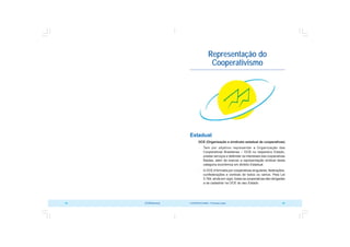 COOPERATIVISMO – Primeiras Lições 83
82 OCB/Sescoop
Representação do
Cooperativismo
Estadual
OCE (Organização e sindicato estadual de cooperativas)
 Tem por objetivo representar a Organização das
Cooperativas Brasileiras – OCB no respectivo Estado,
prestar serviços e defender os interesses das cooperativas
filiadas, além de exercer a representação sindical desta
categoria econômica em âmbito Estadual.
 A OCE é formada por cooperativas singulares, federações,
confederações e centrais de todos os ramos. Pela Lei
5.764, ainda em vigor, todas as cooperativas são obrigadas
a se cadastrar na OCE do seu Estado.
 