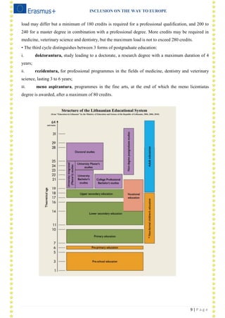 INCLUSION ON THE WAY TO EUROPE
9 | P a g e
load may differ but a minimum of 180 credits is required for a professional qualification, and 200 to
240 for a master degree in combination with a professional degree. More credits may be required in
medicine, veterinary science and dentistry, but the maximum load is not to exceed 280 credits.
• The third cycle distinguishes between 3 forms of postgraduate education:
i. doktorantura, study leading to a doctorate, a research degree with a maximum duration of 4
years;
ii. rezidentura, for professional programmes in the fields of medicine, dentistry and veterinary
science, lasting 3 to 6 years;
iii. meno aspirantura, programmes in the fine arts, at the end of which the meno licentiatas
degree is awarded, after a maximum of 80 credits.
 