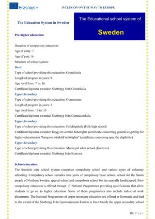 INCLUSION ON THE WAY TO EUROPE
10 | P a g e
The Education System in Sweden
Pre-higher education:
Duration of compulsory education:
Age of entry: 7
Age of exit: 16
Structure of school system:
Basic
Type of school providing this education: Grundskola
Length of program in years: 9
Age level from: 7 to: 16
Certificate/diploma awarded: Slutbetyg Från Grundskola
Upper Secondary
Type of school providing this education: Gymnasium
Length of program in years: 3
Age level from: 16 to: 19
Certificate/diploma awarded: Slutbetyg Från Gymnasieskola
Upper Secondary
Type of school providing this education: Folkhögskola (Folk high school)
Certificate/diploma awarded: Intyg om allmän behörighet (certificate concerning general eligibility for
higher education) or "Intyg om särskild behörighet" (certificate concerning specific eligibility)
Upper Secondary
Type of school providing this education: Municipal adult school (Komvux)
Certificate/diploma awarded: Slutbetyg Från Komvux
School education:
The Swedish state school system comprises compulsory school and various types of voluntary
schooling. Compulsory school includes nine years of compulsory basic school, school for the Saami
people of Northern Sweden, special school and compulsory school for the mentally handicapped. Post-
compulsory education is offered through 17 National Programmes providing qualifications that allow
students to go on to higher education. Some of these programmes also include industrial work
placements. The National Programmes of upper secondary education are offered at Gymnasia and lead
to the award of the Slutbetyg Från Gymnasieskola.Tuition is free.Outside the upper secondary school
 