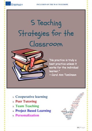 INCLUSION ON THE WAY TO EUROPE
18 | P a g e
1. Cooperative learning
2. Peer Tutoring
3. Team Teaching
4. Project Based Learning
5. Personalization
 