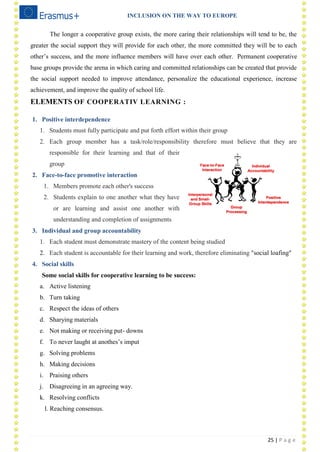 INCLUSION ON THE WAY TO EUROPE
25 | P a g e
The longer a cooperative group exists, the more caring their relationships will tend to be, the
greater the social support they will provide for each other, the more committed they will be to each
other‘s success, and the more influence members will have over each other. Permanent cooperative
base groups provide the arena in which caring and committed relationships can be created that provide
the social support needed to improve attendance, personalize the educational experience, increase
achievement, and improve the quality of school life.
ELEMENTS OF COOPERATIV LEARNING :
1. Positive interdependence
1. Students must fully participate and put forth effort within their group
2. Each group member has a task/role/responsibility therefore must believe that they are
responsible for their learning and that of their
group
2. Face-to-face promotive interaction
1. Members promote each other's success
2. Students explain to one another what they have
or are learning and assist one another with
understanding and completion of assignments
3. Individual and group accountability
1. Each student must demonstrate mastery of the content being studied
2. Each student is accountable for their learning and work, therefore eliminating "social loafing"
4. Social skills
Some social skills for cooperative learning to be success:
a. Active listening
b. Turn taking
c. Respect the ideas of others
d. Sharying materials
e. Not making or receiving put- downs
f. To never laught at anothes‘s imput
g. Solving problems
h. Making decisions
i. Praising others
j. Disagreeing in an agreeing way.
k. Resolving conflicts
l. Reaching consensus.
 