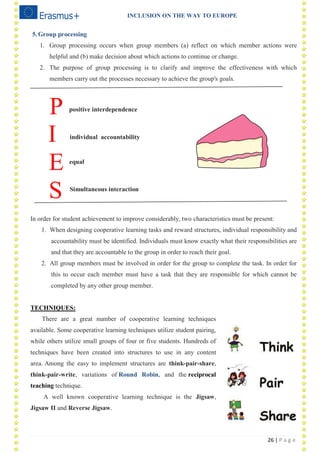 INCLUSION ON THE WAY TO EUROPE
26 | P a g e
5.Group processing
1. Group processing occurs when group members (a) reflect on which member actions were
helpful and (b) make decision about which actions to continue or change.
2. The purpose of group processing is to clarify and improve the effectiveness with which
members carry out the processes necessary to achieve the group's goals.
I
E
S
In order for student achievement to improve considerably, two characteristics must be present:
1. When designing cooperative learning tasks and reward structures, individual responsibility and
accountability must be identified. Individuals must know exactly what their responsibilities are
and that they are accountable to the group in order to reach their goal.
2. All group members must be involved in order for the group to complete the task. In order for
this to occur each member must have a task that they are responsible for which cannot be
completed by any other group member.
TECHNIQUES:
There are a great number of cooperative learning techniques
available. Some cooperative learning techniques utilize student pairing,
while others utilize small groups of four or five students. Hundreds of
techniques have been created into structures to use in any content
area. Among the easy to implement structures are think-pair-share,
think-pair-write, variations of Round Robin, and the reciprocal
teaching technique.
A well known cooperative learning technique is the Jigsaw,
Jigsaw II and Reverse Jigsaw.
P positive interdependence
individual accountability
equal
Simultaneous interaction
 