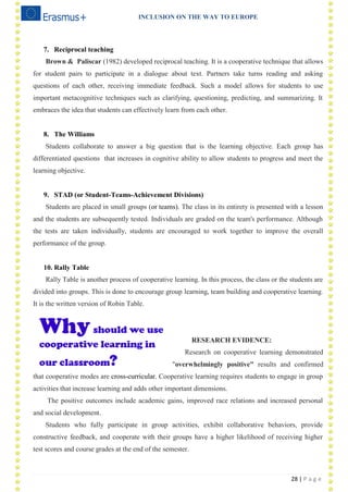INCLUSION ON THE WAY TO EUROPE
28 | P a g e
7. Reciprocal teaching
Brown & Paliscar (1982) developed reciprocal teaching. It is a cooperative technique that allows
for student pairs to participate in a dialogue about text. Partners take turns reading and asking
questions of each other, receiving immediate feedback. Such a model allows for students to use
important metacognitive techniques such as clarifying, questioning, predicting, and summarizing. It
embraces the idea that students can effectively learn from each other.
8. The Williams
Students collaborate to answer a big question that is the learning objective. Each group has
differentiated questions that increases in cognitive ability to allow students to progress and meet the
learning objective.
9. STAD (or Student-Teams-Achievement Divisions)
Students are placed in small groups (or teams). The class in its entirety is presented with a lesson
and the students are subsequently tested. Individuals are graded on the team's performance. Although
the tests are taken individually, students are encouraged to work together to improve the overall
performance of the group.
10. Rally Table
Rally Table is another process of cooperative learning. In this process, the class or the students are
divided into groups. This is done to encourage group learning, team building and cooperative learning.
It is the written version of Robin Table.
RESEARCH EVIDENCE:
Research on cooperative learning demonstrated
"overwhelmingly positive" results and confirmed
that cooperative modes are cross-curricular. Cooperative learning requires students to engage in group
activities that increase learning and adds other important dimensions.
The positive outcomes include academic gains, improved race relations and increased personal
and social development.
Students who fully participate in group activities, exhibit collaborative behaviors, provide
constructive feedback, and cooperate with their groups have a higher likelihood of receiving higher
test scores and course grades at the end of the semester.
 